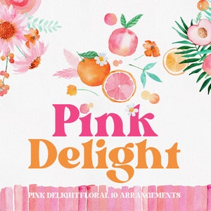 PINK DELIGHT, Watercolor Clipart, Watercolor Flower, Pink Clipart, Pink Flower PNG, Summer Clipart, Watercolor Pink and Orange