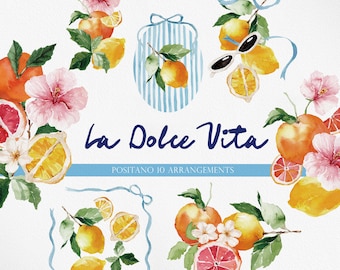 Könnte beinhalten: Aquarell-Illustration mit Zitronen, Orangen, Grapefruits und rosa Hibiskusblüten. Der Schriftzug "La Dolce Vita" ist in blauer Schrift geschrieben. Sonnenbrillen und blaue Schleifenakzente ergänzen das sommerliche Thema. "Positano 10 Arrangements" steht darunter.