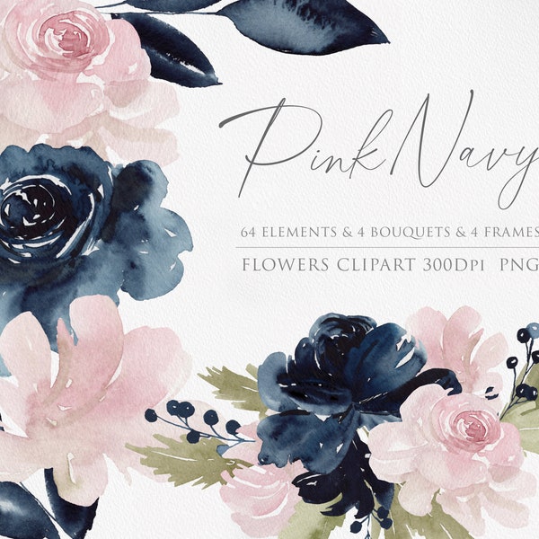 Watercolor flower PNG, Pink Florals, Watercolor Clipart, Wedding invitation, Navy botanical, Navy flower, Indigo pink flower, Rose clipart