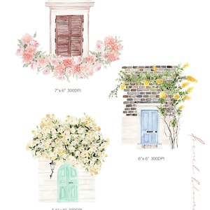 May include: Three watercolor illustrations of doors and windows with floral accents. The top image shows a window with brown shutters and pink flowers. The middle image shows a blue door with yellow flowers. The bottom image shows a green door with white flowers. Each image includes the dimensions and resolution.