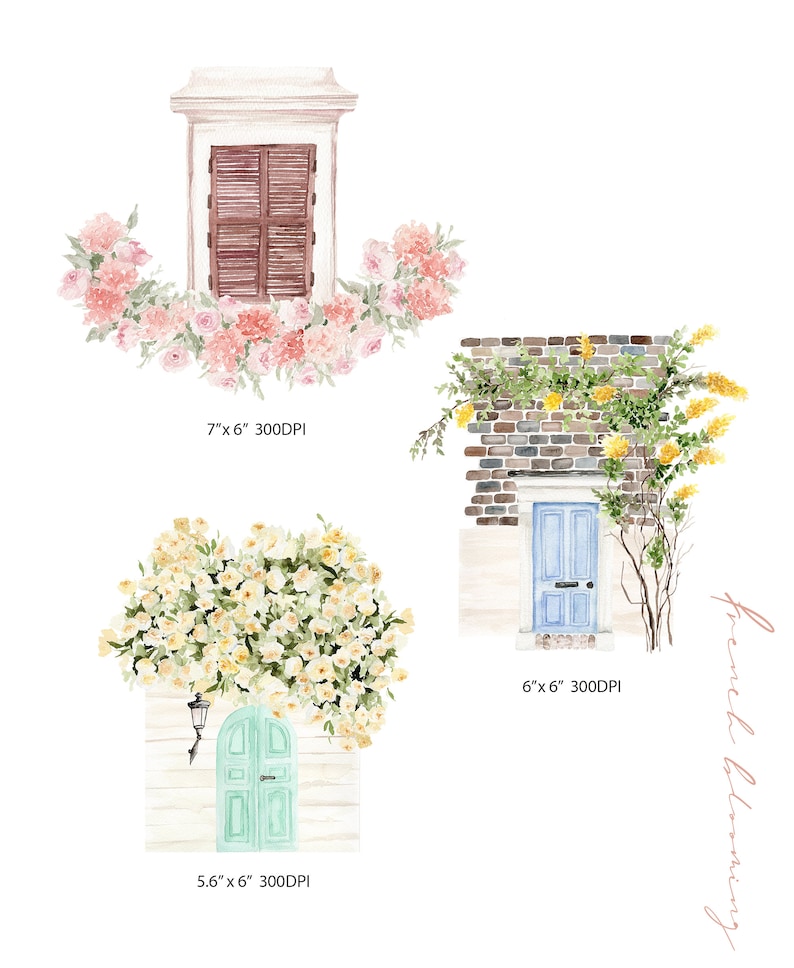 May include: Three watercolor illustrations of doors and windows with floral accents. The top image shows a window with brown shutters and pink flowers. The middle image shows a blue door with yellow flowers. The bottom image shows a green door with white flowers. Each image includes the dimensions and resolution.