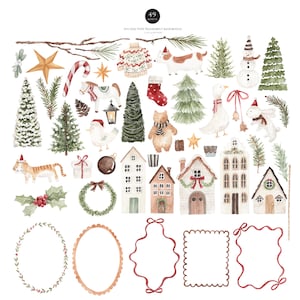 May include: Watercolor illustrations of Christmas and winter-themed elements. Includes a Christmas tree, snowman, houses, animals, ornaments, and frames. The image has a transparent background and the text "49 Designs" and "PNG files with transparent background".