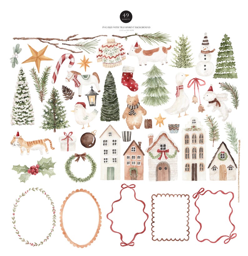 May include: Watercolor illustrations of Christmas and winter-themed elements. Includes a Christmas tree, snowman, houses, animals, ornaments, and frames. The image has a transparent background and the text "49 Designs" and "PNG files with transparent background".