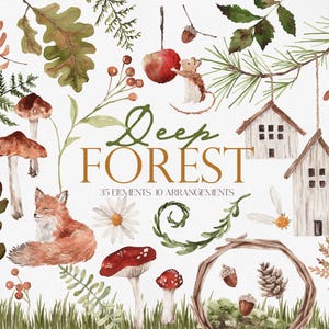 FORET PROFONDE, Clipart forêt aquarelle, art botanique aquarelle, clipart champignon, gland gland, clipart renard roux, clipart souris mignonne