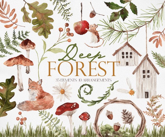DEEP FOREST, Watercolor Forest Clipart, Watercolor Botanical Art, Mushroom Clipart, Acorn Clipart, Red Fox Clipart, Cute Mouse Clipart