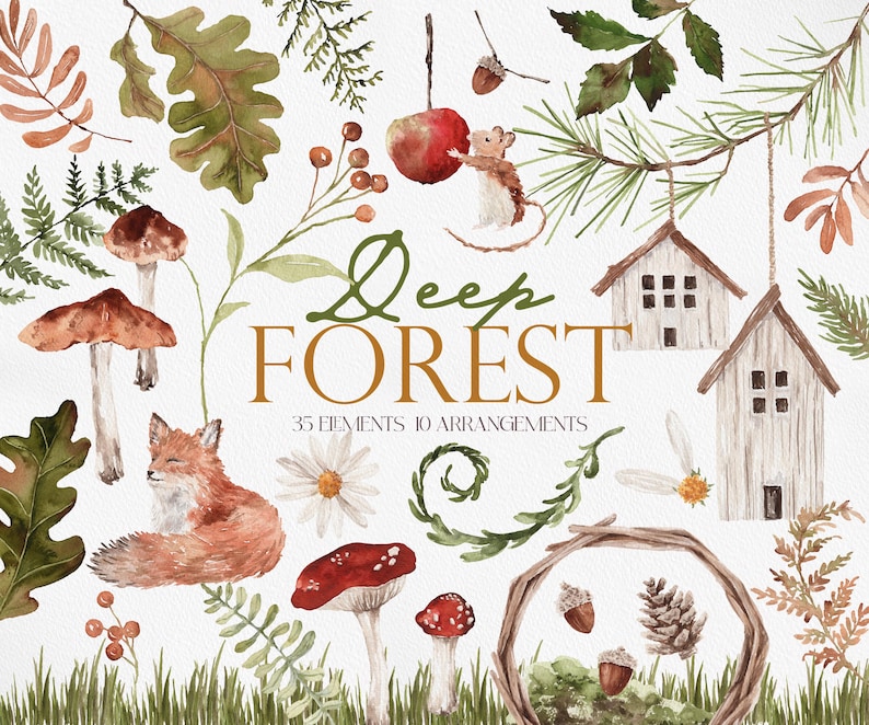 May include: Watercolor illustrations of a deep forest scene with mushrooms, a fox, a mouse, a bird, a wreath, a pine cone, leaves, berries, and two small houses. The text "Deep Forest" is written in gold lettering with the words "35 elements 10 arrangements" below.