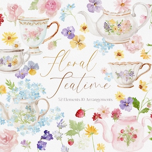May include: A watercolour illustration of teacups, teapots, and floral arrangements. The image includes the text "Floral Teatime" in gold script, along with various flowers and berries. The overall theme is a vintage tea party.