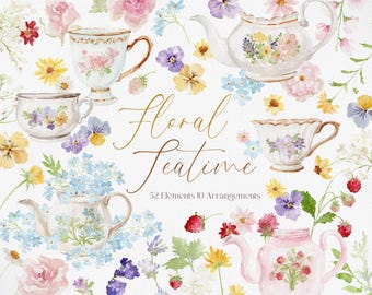 Floral Teatime, Watercolor Tea Party Clipart, Wedding Floral Arrangement, Spring Tea Party, Floral Teacup Clipart, Vintage Flower Tea Set
