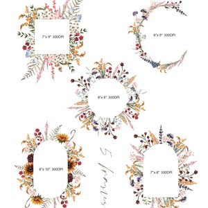 May include: Five floral wreaths in various sizes and shapes, perfect for adding a touch of rustic charm to your designs. The wreaths feature a mix of dried flowers, grasses, and sunflowers in shades of pink, yellow, orange, and brown. The wreaths are 7 inches by 8 inches, 8 inches by 8 inches, 8 inches by 9 inches, 7 inches by 9 inches, and 8 inches by 10 inches.
