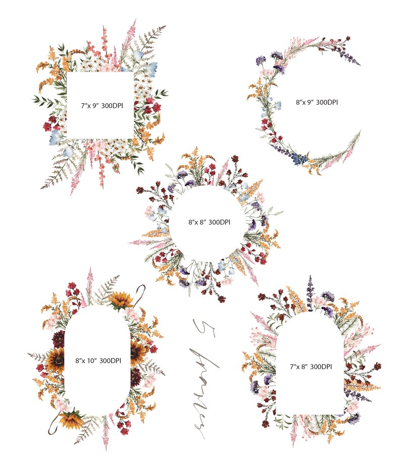 May include: Five floral wreaths in various sizes and shapes, perfect for adding a touch of rustic charm to your designs. The wreaths feature a mix of dried flowers, grasses, and sunflowers in shades of pink, yellow, orange, and brown. The wreaths are 7 inches by 8 inches, 8 inches by 8 inches, 8 inches by 9 inches, 7 inches by 9 inches, and 8 inches by 10 inches.