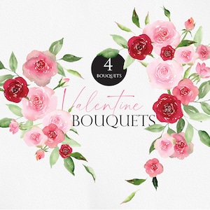 Acquerello San Valentino, San Valentino clipart, Cuore clipart, San Valentino PNG, Amore clipart, Rosa bouquet, Cuore ghirlanda, Rosa clipart