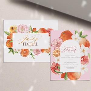 May include: A pink and white floral invitation with orange citrus fruit and the text "Juicy Floral" and "Dahlia" with the date "Sunday, 27 December at 12PM".