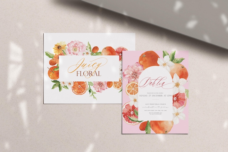 May include: A pink and white floral invitation with orange citrus fruit and the text "Juicy Floral" and "Dahlia" with the date "Sunday, 27 December at 12PM".