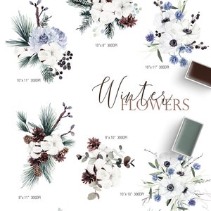 May include: A collection of ten watercolor winter floral bouquets featuring white cotton, blue anemones, eucalyptus, pine branches, and berries. The bouquets are arranged in a circle around the text "Winter Flowers".