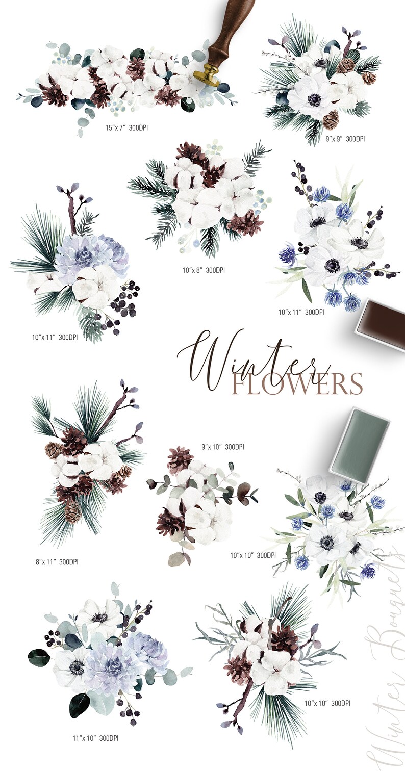 May include: A collection of ten watercolor winter floral bouquets featuring white cotton, blue anemones, eucalyptus, pine branches, and berries. The bouquets are arranged in a circle around the text "Winter Flowers".