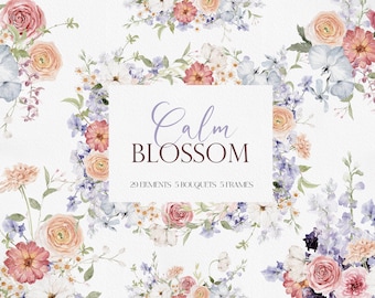 Calm BLOSSOM, Watercolor Flower PNG, Watercolor Clipart, Flower PNG, Boho Clipart, Wedding Flower, Watercolor Floral