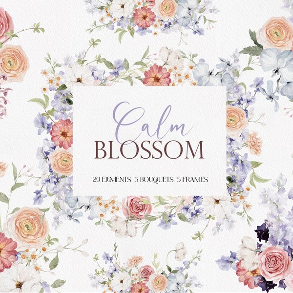 Calm BLOSSOM, Watercolor Flower PNG, Watercolor Clipart, Flower PNG, Boho Clipart, Wedding Flower, Watercolor Floral