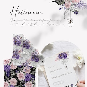May include: A wedding invitation with a floral design featuring pink and purple roses, spiderwebs, and bats. The text on the invitation reads "Daphne Wilson & Jeremy Mason Carter, At the Floral Cafe, 23. December 2023".