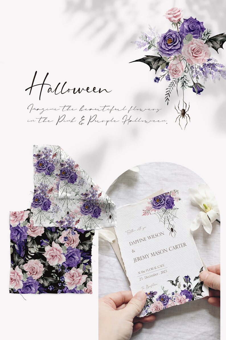 May include: A wedding invitation with a floral design featuring pink and purple roses, spiderwebs, and bats. The text on the invitation reads "Daphne Wilson & Jeremy Mason Carter, At the Floral Cafe, 23. December 2023".