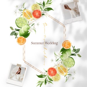May include: A watercolor illustration of a summer wedding invitation with a gold hexagonal frame surrounded by lemons, limes, grapefruits, and white flowers. The text "Summer Wedding" is written in gold lettering inside the frame.