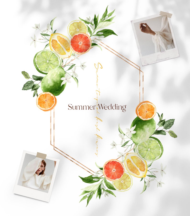 May include: A watercolor illustration of a summer wedding invitation with a gold hexagonal frame surrounded by lemons, limes, grapefruits, and white flowers. The text "Summer Wedding" is written in gold lettering inside the frame.