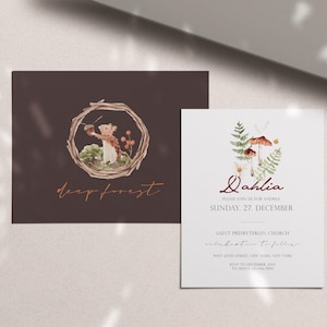 May include: A woodland-themed baby shower invitation with a brown background and the text "deep forest". The invitation features a watercolor illustration of a squirrel holding an acorn in a wreath of twigs. The second card is white with a watercolor illustration of mushrooms and ferns and the text "Dahlia, Please join us for a baby shower, Sunday, 27 December, Saint Presbyterian Church,  Welcome Autumn to Fall,  [address], RSVP by December 2022".