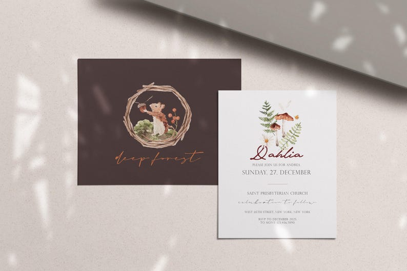 May include: A woodland-themed baby shower invitation with a brown background and the text "deep forest". The invitation features a watercolor illustration of a squirrel holding an acorn in a wreath of twigs. The second card is white with a watercolor illustration of mushrooms and ferns and the text "Dahlia, Please join us for a baby shower, Sunday, 27 December, Saint Presbyterian Church,  Welcome Autumn to Fall,  [address], RSVP by December 2022".