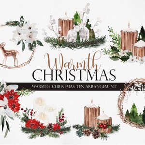 Weihnachts clipart, Aquarell Blume PNG, Aquarell Winter Clipart, Kerzen Clipart, Weihnachtskarte, Baby Reh, Baby Lamm Clipart, Tannenbaum