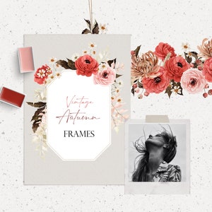 Puede incluir: Una ilustraci&oacute;n digital de un marco floral con flores rojas y rosas, hojas y el texto "Vintage Autumn Frames".