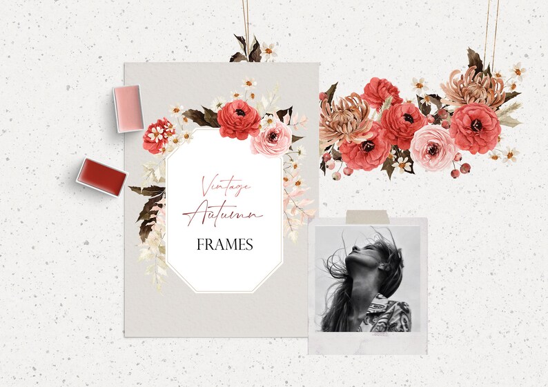 Puede incluir: Una ilustraci&oacute;n digital de un marco floral con flores rojas y rosas, hojas y el texto "Vintage Autumn Frames".