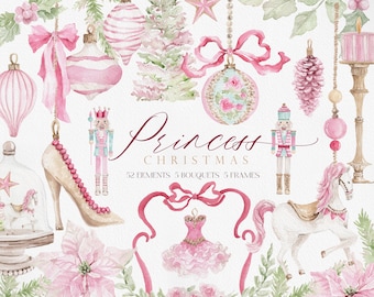 PRINCESS CHRISTMAS, Watercolor Pink Christmas, Watercolor Christmas Clipart, Pink Ornaments, Pink Christmas Card, Girls Christmas