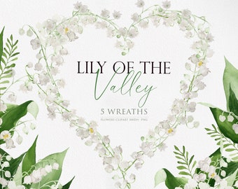 Può includere: Illustrazione ad acquerello di cinque ghirlande di mughetto a forma di cuore. Il testo "Lily of the Valley 5 Wreaths Flowers Clipart 300dpi PNG" è sotto le ghirlande.