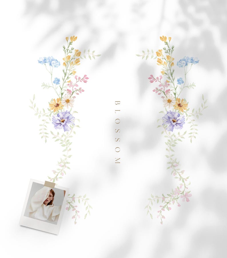 May include: Watercolor floral design featuring delicate blooms in shades of yellow, blue, pink, and purple, with green foliage. The word "BLOSSOM" is vertically printed. A polaroid photo is attached to the design.