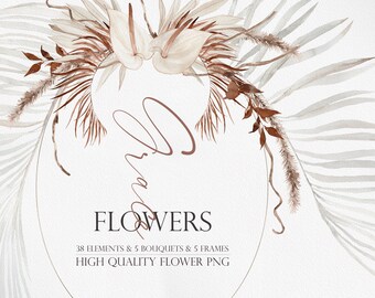 May include: Watercolor illustration of a floral wreath with beige and brown leaves, flowers, and grasses. The wreath is on a white background with the text "FLOWERS 38 ELEMENTS & 5 BOUQUETS & 5 FRAMES HIGH QUALITY FLOWER PNG".