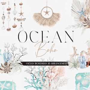 OCÉANO Boho, imágenes prediseñadas de verano, imágenes prediseñadas de océano, imágenes prediseñadas de coral, imágenes prediseñadas de acuarela, playa de acuarela, océano de acuarela, acuarela verano Boho