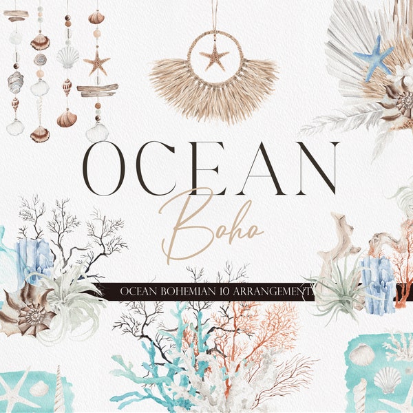 OCEAN Boho, Summer Clipart, Ocean Clipart, Coral clipart, Watercolor Clipart, Watercolor Beach, Watercolor Ocean, Watercolor Summer Boho