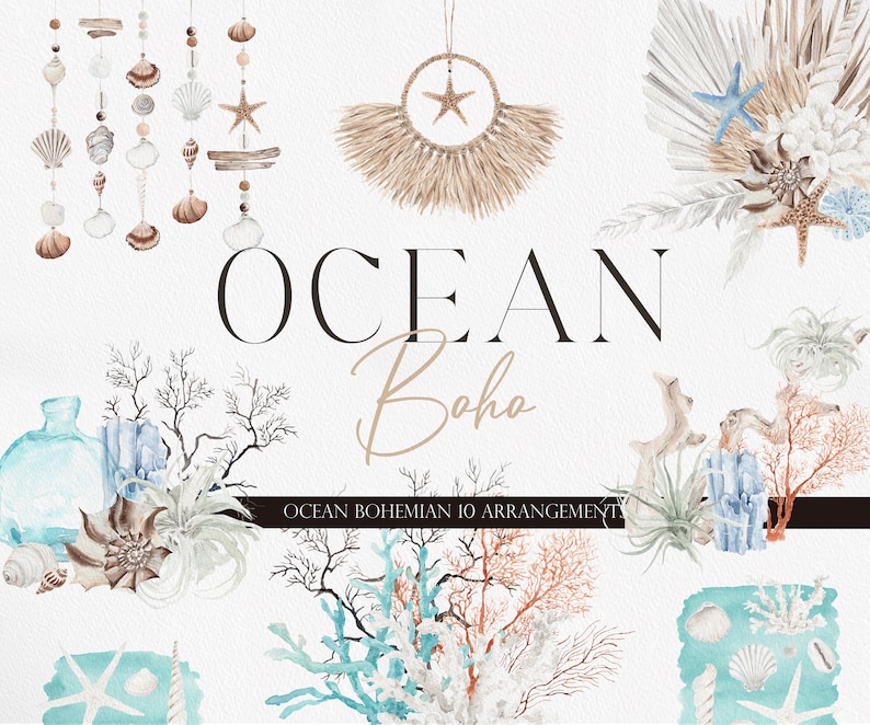 May include: Watercolor illustrations of ocean-themed bohemian decor elements, including seashells, coral, starfish, and a dreamcatcher. The text "Ocean Boho" and "Ocean Bohemian 10 Arrangements" are also included.