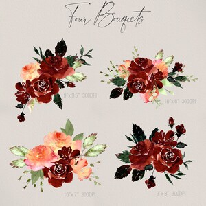 May include: Four watercolor bouquets of burgundy and peach roses with green leaves. The bouquets are arranged in a square pattern with the text "Four Bouquets" at the top. Each bouquet is labeled with its size and resolution in inches and DPI.