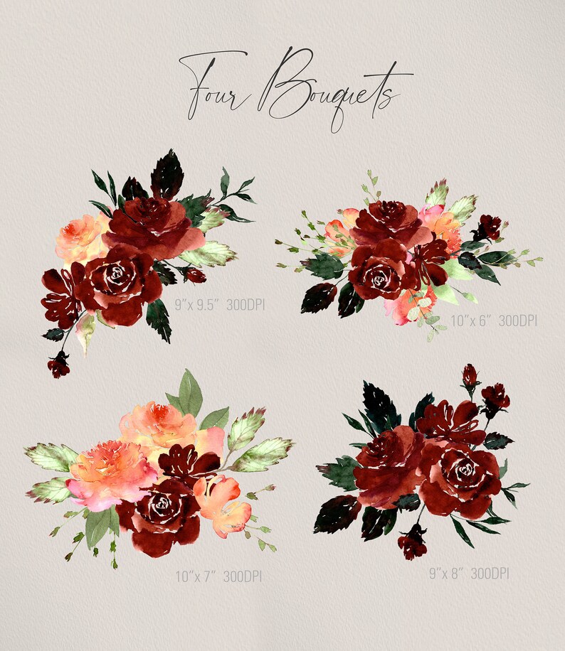 May include: Four watercolor bouquets of burgundy and peach roses with green leaves. The bouquets are arranged in a square pattern with the text "Four Bouquets" at the top. Each bouquet is labeled with its size and resolution in inches and DPI.