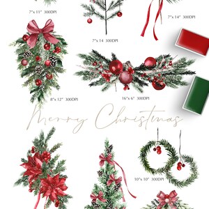 May include: Watercolor illustrations of Christmas wreaths, garlands, and trees with red berries, pine needles, and red and white ribbons. The illustrations are perfect for creating holiday cards, invitations, and other festive designs.
