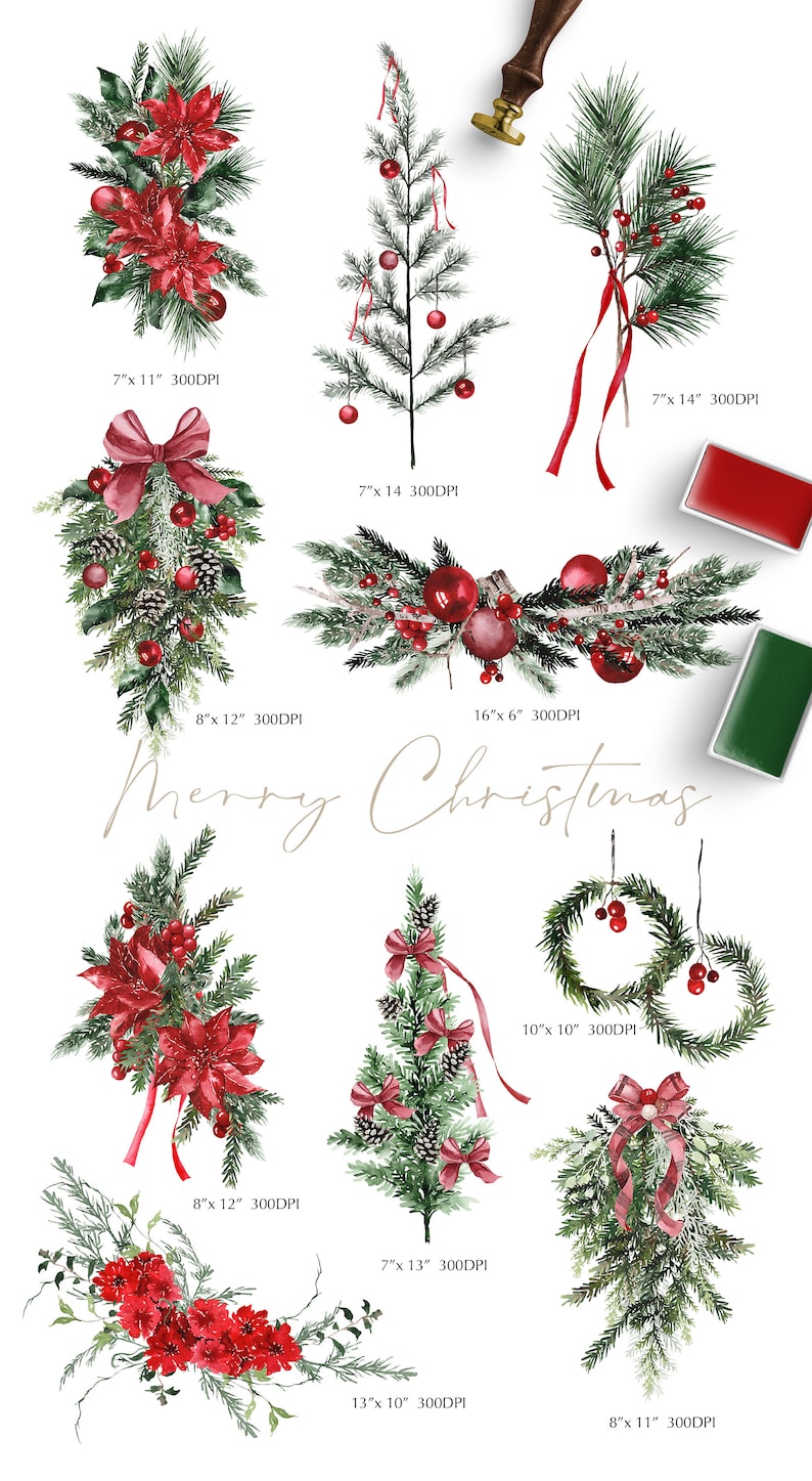 May include: Watercolor illustrations of Christmas wreaths, garlands, and trees with red berries, pine needles, and red and white ribbons. The illustrations are perfect for creating holiday cards, invitations, and other festive designs.