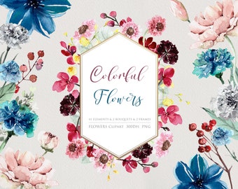 Watercolor Clipart, Peony Bouquet, Floral arrangements, Carnation Clipart, Hand Painted flower, Wedding Clipart, Floral Watercolor,colorful
