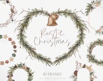 Rustic Christmas, Ornaments Clipart, Christmas Clipart, Boho Christmas, Watercolor Clipart, Watercolor Christmas, Christmas Wreath