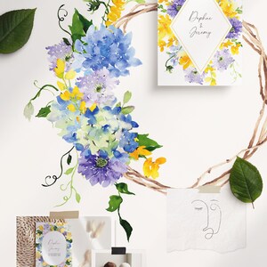 May include: Watercolor floral wreath with yellow and purple flowers. The wreath is in a diamond shape and has the text "Daphne & Jeremy" in the center. The wreath is surrounded by a white background.