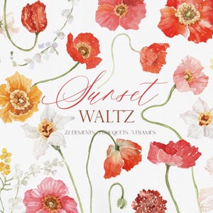 Può includere: Design floreale ad acquerello con papaveri rossi, arancioni e rosa, narcisi e altri fiori con steli verdi. Il testo "Sunset Waltz" è scritto in corsivo. Il design include 22 elementi, 5 bouquet e 5 cornici.