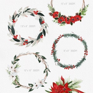 K&ouml;nnte beinhalten: F&uuml;nf Aquarell-Kr&auml;nze mit verschiedenen Blumenarrangements. Die Kr&auml;nze sind mit roten Beeren, wei&szlig;en Bl&uuml;ten und roten Weihnachtssternen verziert. Die Kr&auml;nze haben alle einen Durchmesser von 8 bis 10 Zoll.