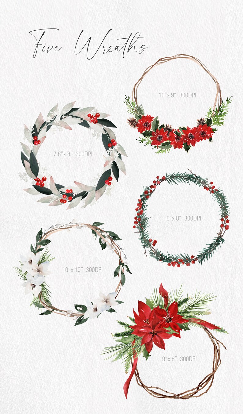 K&ouml;nnte beinhalten: F&uuml;nf Aquarell-Kr&auml;nze mit verschiedenen Blumenarrangements. Die Kr&auml;nze sind mit roten Beeren, wei&szlig;en Bl&uuml;ten und roten Weihnachtssternen verziert. Die Kr&auml;nze haben alle einen Durchmesser von 8 bis 10 Zoll.