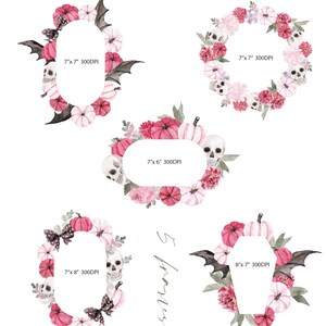 May include: Watercolor illustrations of Halloween-themed frames. Each frame features pumpkins, skulls, bats, and flowers in shades of pink, white, and red. The frames are various shapes, including oval, round, and coffin-shaped, with dimensions ranging from 7x6 inches to 8x7 inches.