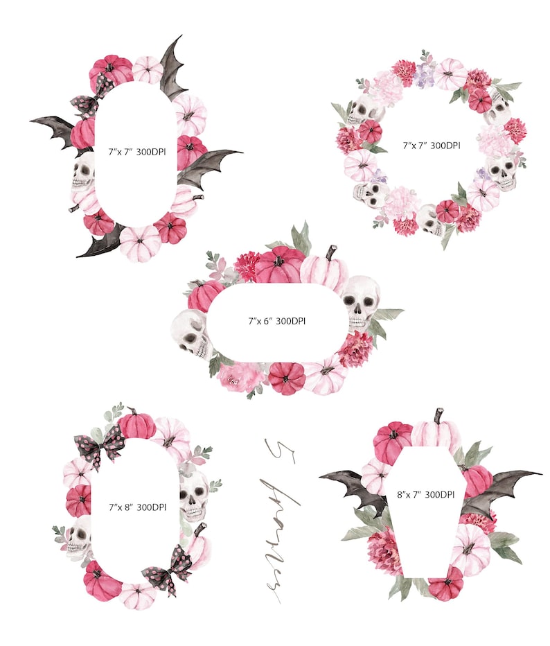 May include: Watercolor illustrations of Halloween-themed frames. Each frame features pumpkins, skulls, bats, and flowers in shades of pink, white, and red. The frames are various shapes, including oval, round, and coffin-shaped, with dimensions ranging from 7x6 inches to 8x7 inches.