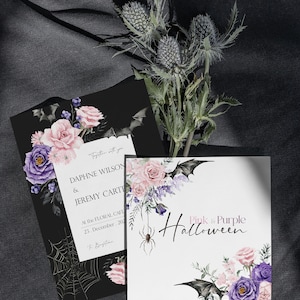May include: Two wedding invitations with a Halloween theme. The invitations are decorated with pink and purple flowers, bats, and spiders. The text on the invitations reads "Together with you, Daphne Wilson & Jeremy Carter, At the Floral Cafe, 23. December, 202, To Brighton" and "Pink & Purple Halloween".